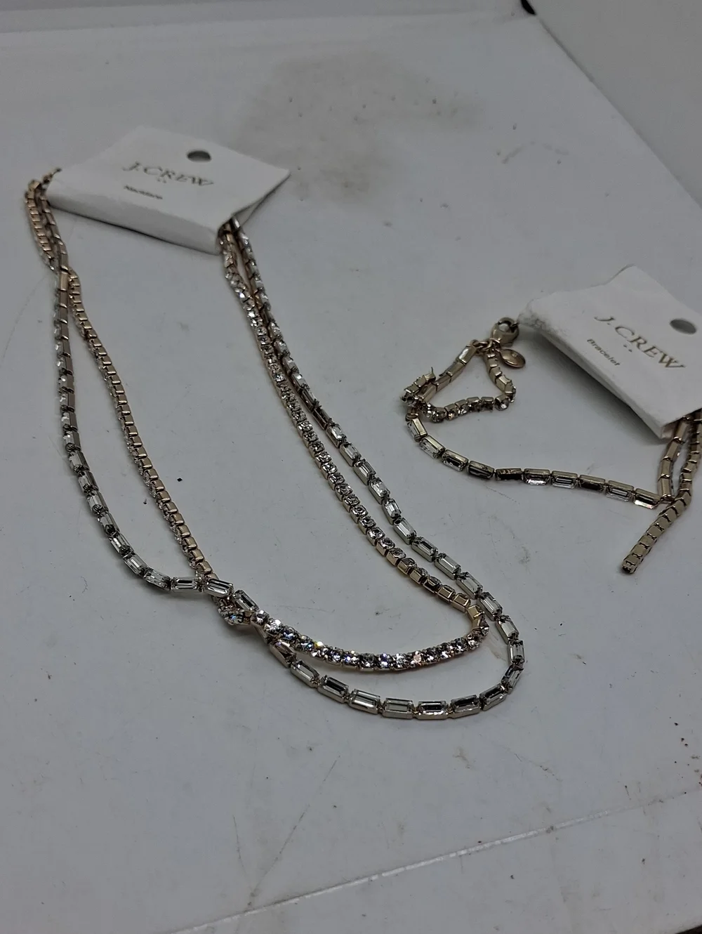 J. Crew Two-Tone Layered Crystal Chain Necklace & Bracelet Set Silver & Gold
